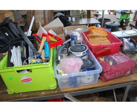 A tray of shelf fittings, tools, decorating equipment, paint and fluids and fire wood.