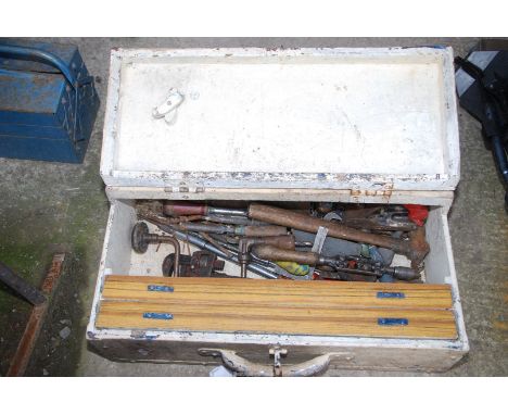 A white painted wooden tool box and contents.