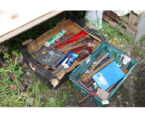 Two crates of tools, hatchet, washing line, die set, etc.