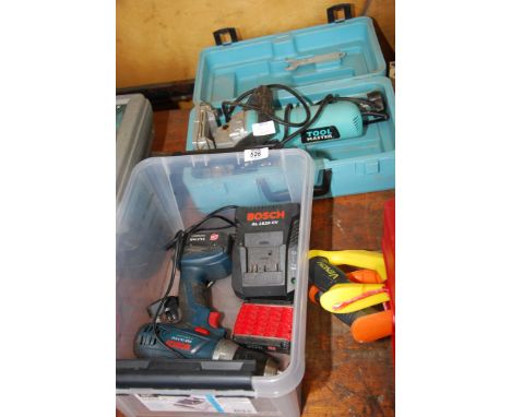 A Tool master biscuit joiner, Bosch cordless drill, two batteries and 14 volt charger.