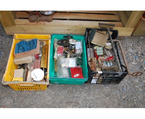 Three crates of wood saw, stirrup pump, door locks, gate catches, brass numbers etc.