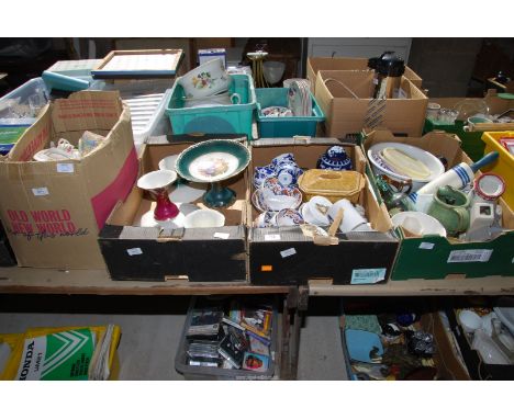 Four boxes of various china etc. including teapots, ginger jar and rolling pin.