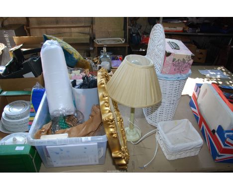 A box of miscellanea incl. recorder, glass lamps and shade. linen bin, mirror, umbrella etc.