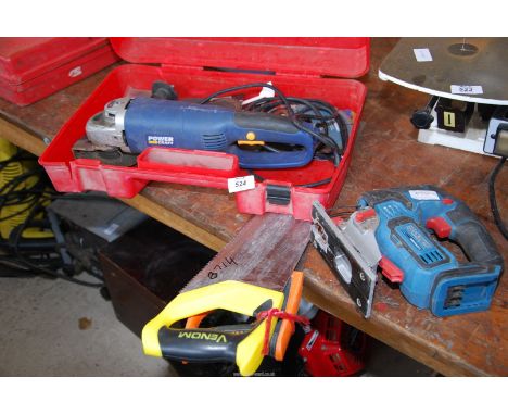 A Power Craft 5'' grinder with discs, two wooden hand saws, Erbauer cordless jigsaw (no power pack or battery)
