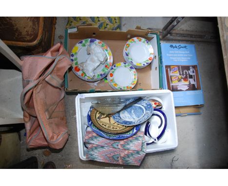 Two boxes of mixed china and under sink storage shelf.