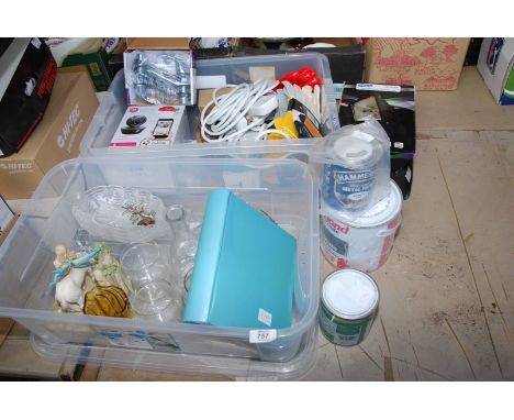 Work gloves, extension cable, new paint, bath taps boxed halogen light etc.