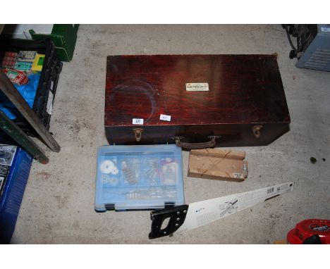 A stained pine box and contents of tools and fittings, Bosch electric drill etc.