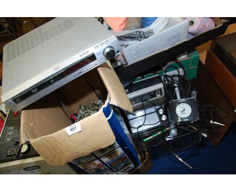 A VEF transistor radio, Star Finder Radio, microphones, Roberts clock radio and DVD video recorder.