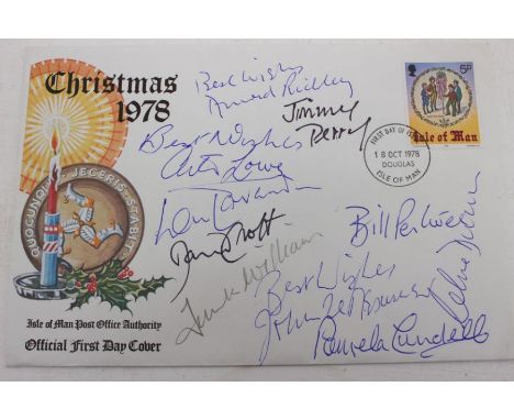 First Day Cover Dad's Army, signed by Jimmy Perry, Arthur Lowe, Arnold Riddley, Frank Williams, John Le Mesurier, Bill Pertwe