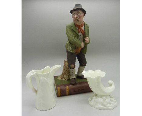 An Aynsley figure, The Poacher, a Royal Worcester leaf jug and a shell vase