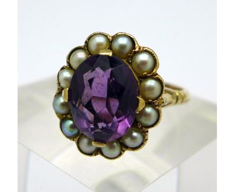 A 9ct gold, amethyst and seed pearl ring, weight 3.5g, size N