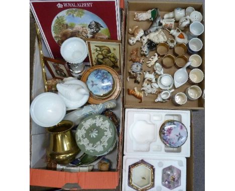 Wade whimsies, Lladro Goebel, Royal Albert, Wedgwood Jasperware, three musical trinket pots, etc.