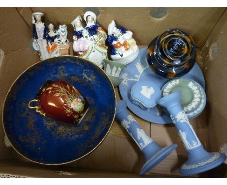 Wedgwood Jasperware including a pair of candlesticks, Staffordshire flatback figures, Carlton Ware, a/f and a tobacco jar