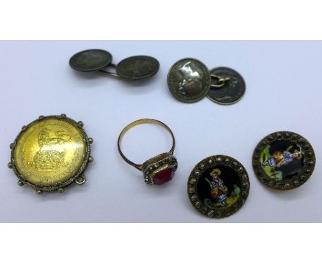 A 9ct gold and silver ring, two enamel buttons, a silver coin pendant and a pair of silver 3d cufflinks