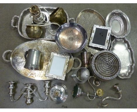 Brass and plated ware including trays, rose bowl, photograph frames, tankards and a table lamp, etc