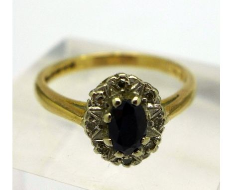 A 9ct gold, sapphire and diamond ring, weight 2.8g, size O