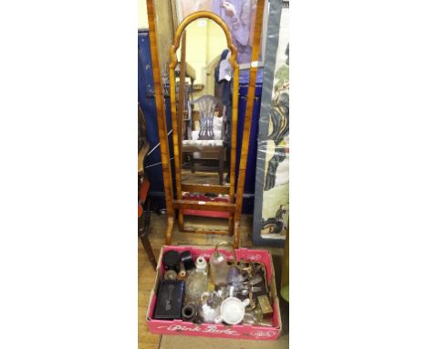 A walnut cheval mirror, light fittings and sundries (qty)