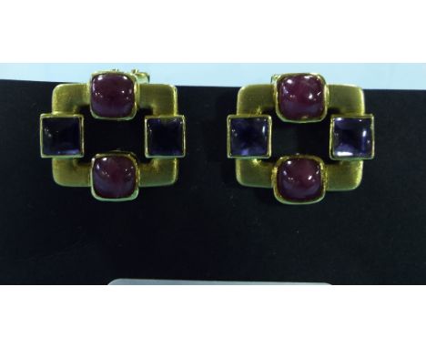 A pair of 18ct gold, sapphire and ruby cabochon earrings