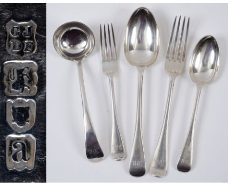 A silver Old English pattern part table service, initialled, comprising six table forks, four dessertspoons, two tablespoons,