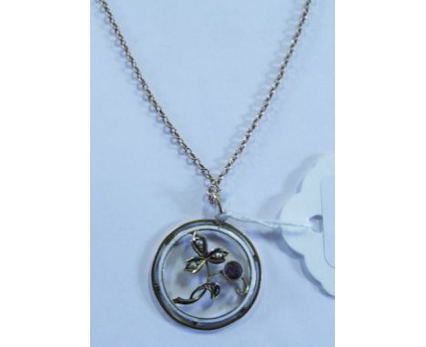 A 9ct gold, amethyst, peridot and seed pearl pendant, with an enamel band