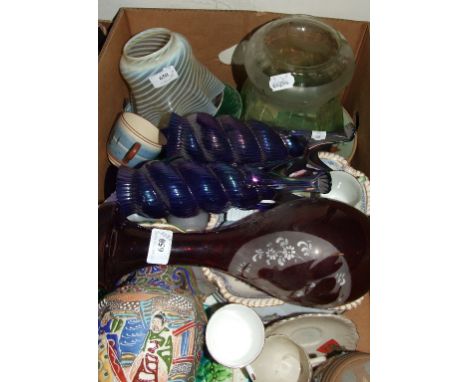 A vaseline glass fluted lamp shade, assorted commemorative ceramics, tea wares, glass and items (3 boxes)