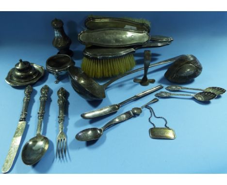 A George III silver Old English pattern soup ladle, George Wintle, London 1809, a silver inkwell, Birmingham 1904, and other 
