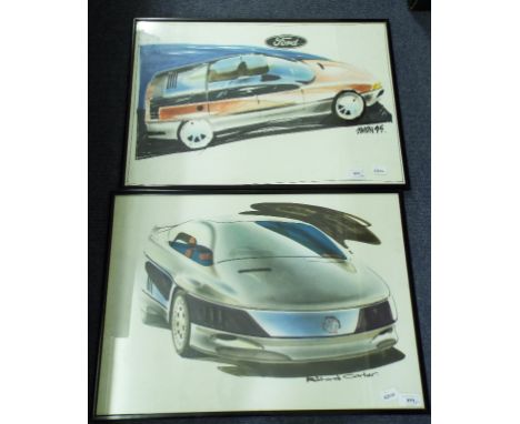 Two mixed media concept drawings for a Ford and MG by students of the R.C.A. automotive design department, automotive volumes