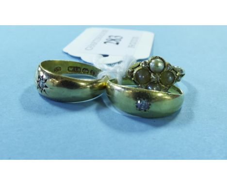 An 18ct gold, pearl and diamond ring, and two 18ct gold and diamond gypsy rings (3) Condition report Total approx. 9.7 g (all