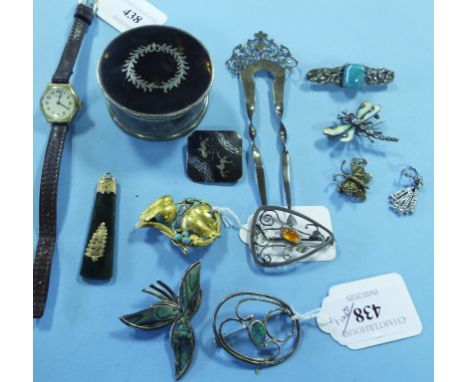 A yellow coloured metal brooch, other jewellery, a lady's wristwatch, and a silver and tortoiseshell trinket box (qty)