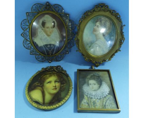 Continental school, 20th century, a bust portrait of Elisabeth de Valois, 6 x 7 cm, two other miniatures, and a similar pictu