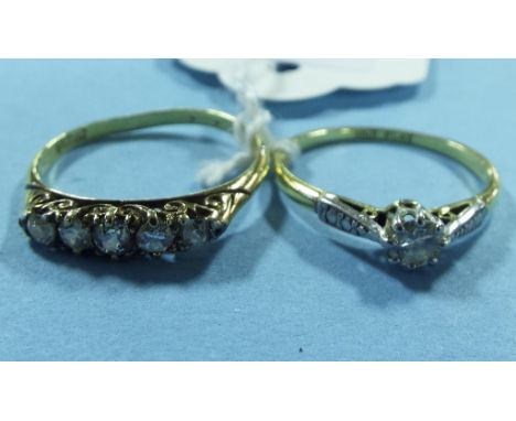 An 18ct gold and five stone diamond ring, and a 9ct gold, platinum and diamond ring (2)