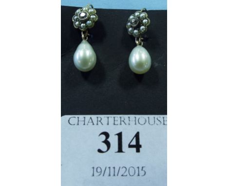 A pair of pearl and diamond drop earrings, boxed