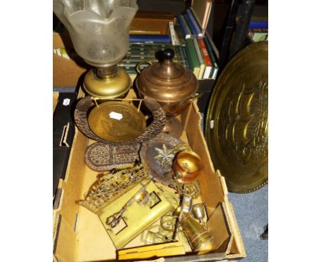 A pair of silver plated grape shears, a cut glass inkwell, an oil lamp, assorted metalwares, prints and items (2 boxes)