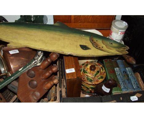 A green enamel work lamp, MEK-ELEK London, military service items, fishing rods, metalwares and ceramics(qty)