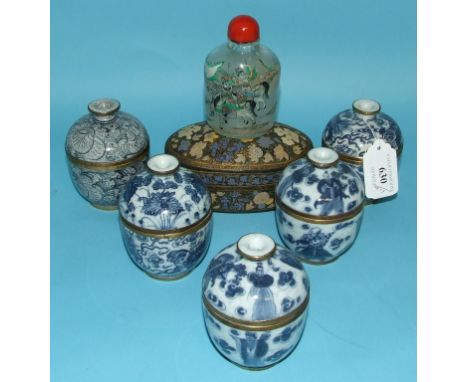 A Chinese pottery bowl and cover, others similar, a snuff bottle and a Kashmiri lacquer box (box)