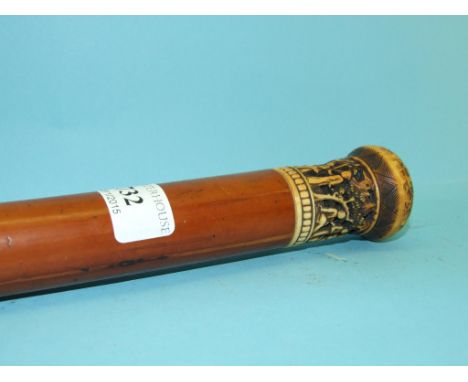 A 19th century malacca walking stick, the Chinese ivory handle carved and pierced figures and foliage