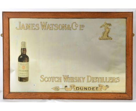 A late 19th/early 20th century James Watson & Co Ld Scotch Whisky Distillers, Dundee pub mirror, 56 x 86 cm, in an oak frame 