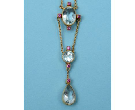 A 15ct gold, blue topaz and ruby necklace  See illustration