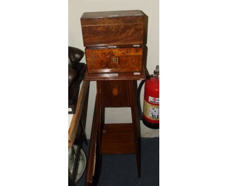 A mahogany tea caddy, 28 cm wide, a walnut work box, and a jardiniere stand (3)
