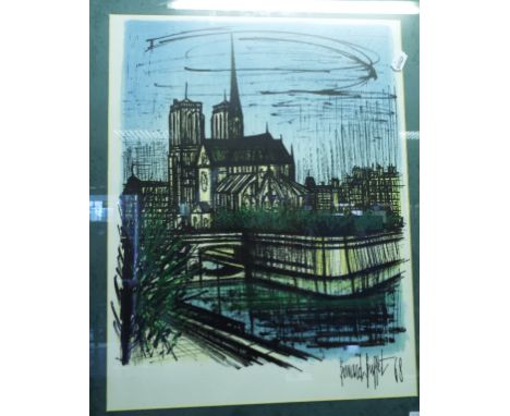 A Bernard Buffet lithograph, Notre Dame, two others similar, Bernard Gantner, Le Manoir, and a Joan Miro lithograph, Star Sce
