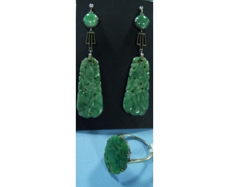 A pair of 9ct white gold and jade drop earrings, and a matching ring (2)