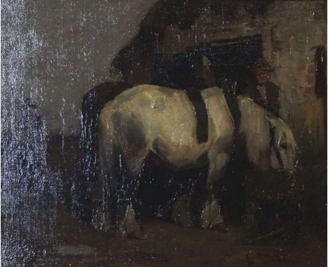 George Smith, British (1870-1934), Working Horses at the Trough, oil on canvas, signed LR: Geo Smith, 24cm x 29cmCondition re