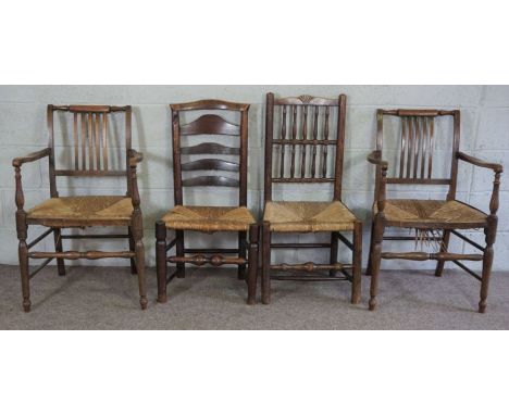 A pair of provincial Sussex style oak framed armchairs, 19th century, together with an ash framed ladder back and another cha