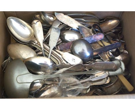 A large quantity of silver plated flatware and related items, including a ladle, fiddle pattern tableware and related (a lot)
