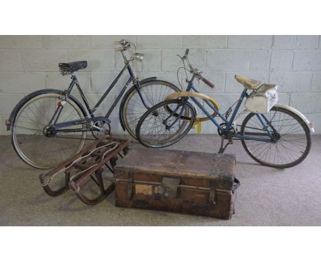 A Vintage alpine sledge; together with a vintage leather trunk and two ladies bicycles (5)