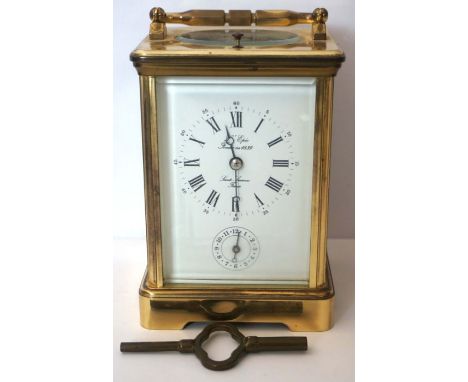 A French brass repeating and alarm carriage clock, by L’Epée 1839, Sainte Suzanne, 20th century, in a standard four glass cor