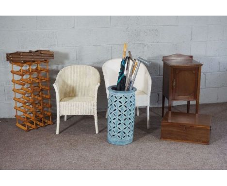An Edwardian bedside cabinet; together with two Lloyd Loom style bathroom chairs, two wine racks, a small chest and a modern 