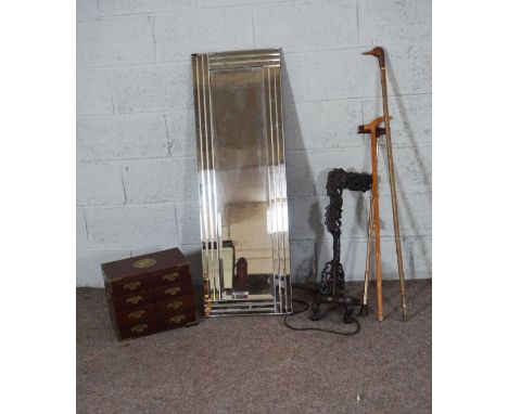 A small Chinese hardwood trinket chest; together with a Chinese lamp holder, and three walking sticks and a pan stand and a m