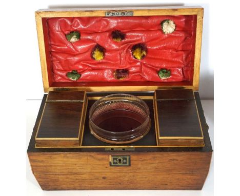 A Victorian rosewood travelling dressing table box, circa 1840, with a fitted interior including a mirror, assorted compartme