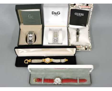 A ladies' bicolour Certina DS quartz strap watch,with a white dial, luminous hands and batons, date and red centre second swe